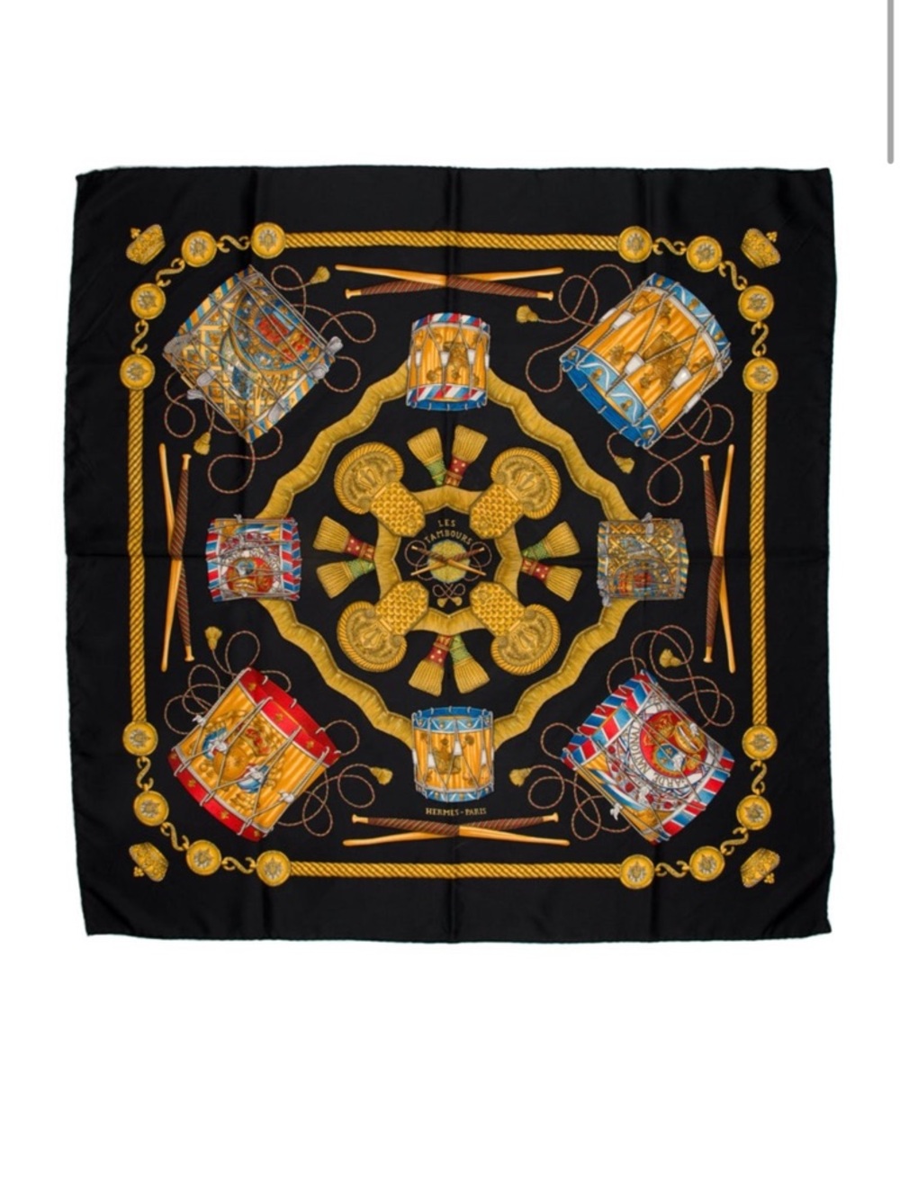 Hermes Black Multicolor Drum Motif Silk Scarf